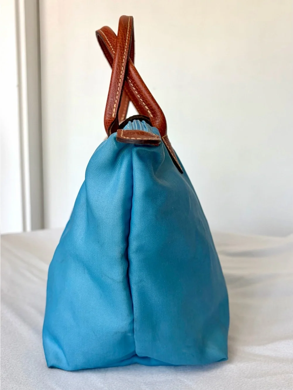 Longchamp Le Pliage Top-Handle Tote in Light Blue w Brown leather, GUC - Picture 6 of 16